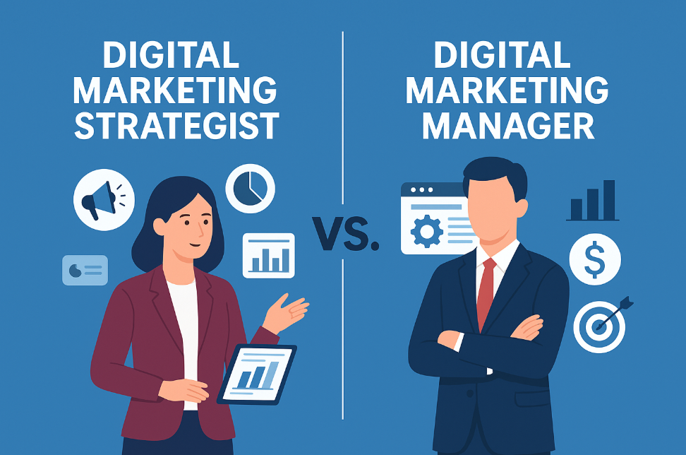 Illustration comparing a Digital Marketing Strategist and a Digital Marketing Manager, featuring two professionals with digital icons and a 'VS' label on a blue gradient background.