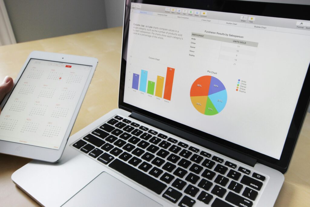Laptop displaying charts and graphs with tablet calendar for data analysis and planning.10 Essential Skills for Digital Marketing in 2025