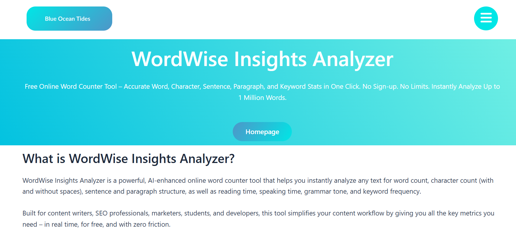 WordWise Insights Analyzer homepage showing a blue gradient banner with tagline: Free Online Word Counter Tool – Accurate Word, Character, Sentence, Paragraph, and Keyword Stats in One Click.